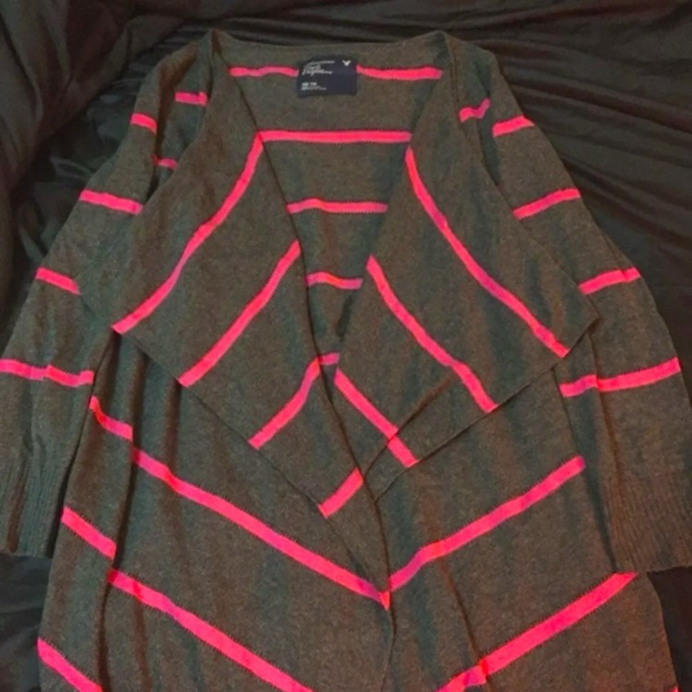 Pink & Gray Striped Cardigan Sweater